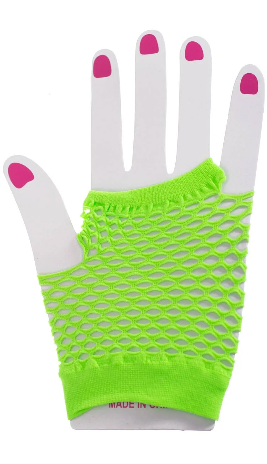 Short Fluro Green Fingerless Fishnet Gloves 80s Costume Accessory
