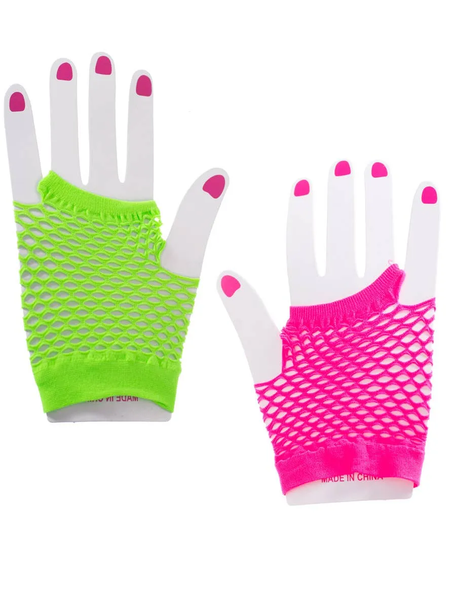 Short Neon Green and Pink 80s Fishnet Costume Gloves
