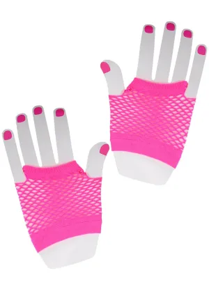 Short Neon Pink 1980s Fishnet Costume Gloves