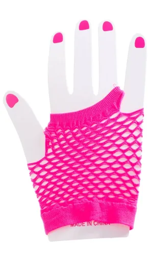 Short Neon Pink Fingerless Fishnet Gloves 80s Costume Accessory