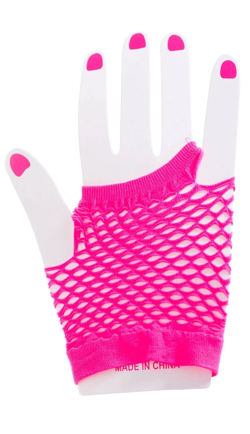 Short Neon Pink Fingerless Fishnet Gloves 80s Costume Accessory