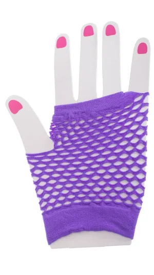 Short Neon Purple Fingerless Fishnet Gloves 80s Costume Accessory
