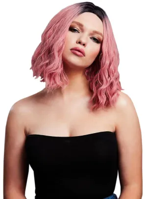 Short Wavy Ash Pink Bob with Dark Roots Womens Costume Wig