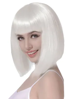 Short White Bob Womens Costume Wig with Fringe