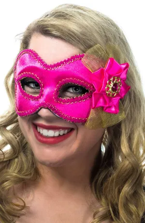 Side Bow Hot Pink and Gold Masquerade Mask on Glasses Arms