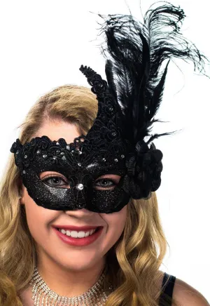 Side Feather Black Lace and Glitter Masquerade Mask