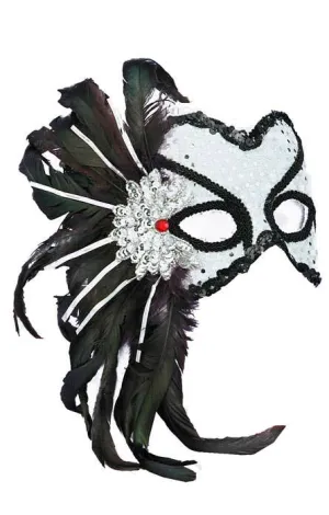 Side Feather Silver Sequinned Masquerade Mask on Headband