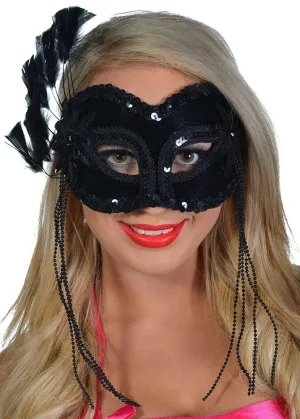 Side Feather Spray Black Masquerade Mask