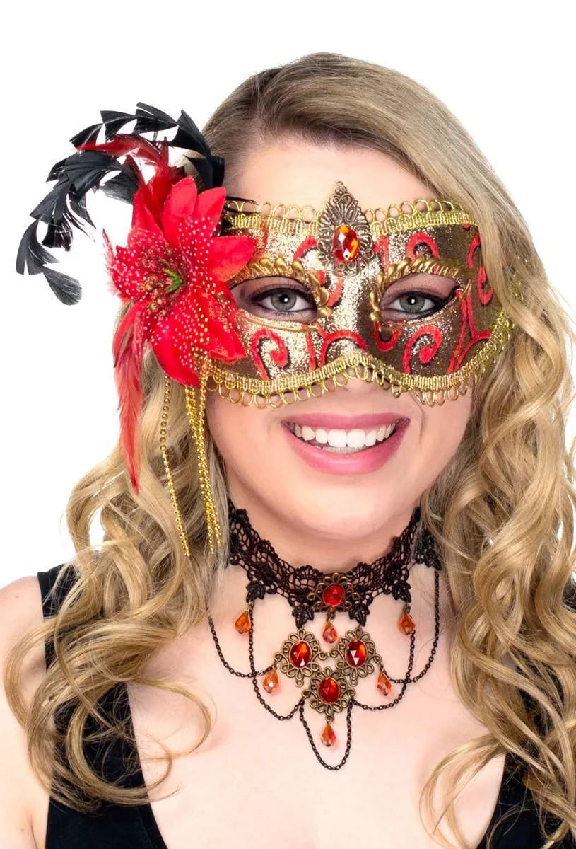 Side Flower Red and Gold Brocade Deluxe Masquerade Mask