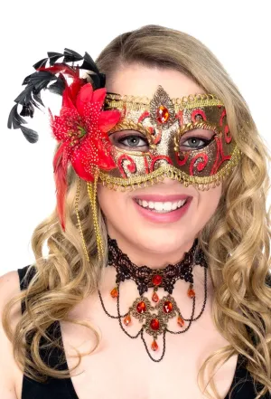 Side Flower Red and Gold Brocade Deluxe Masquerade Mask