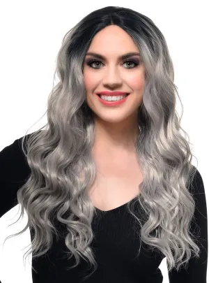 Silver Grey Wavy Lace Front Fashion Wig with Dark Roots