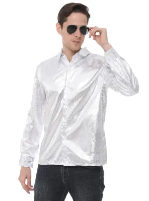 Silver Sequined Mens 70s Disco Costume Shirt
