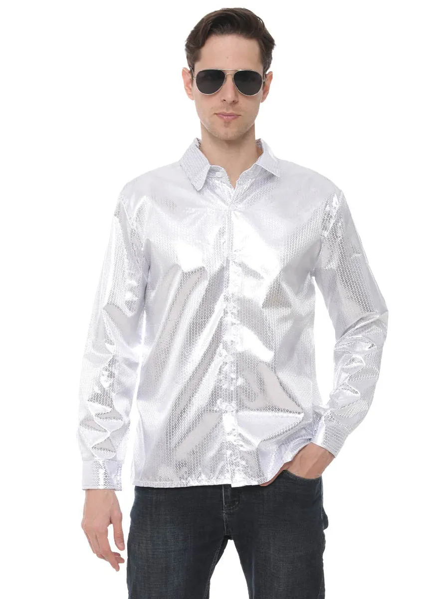 Silver Sequined Mens 70s Disco Costume Shirt