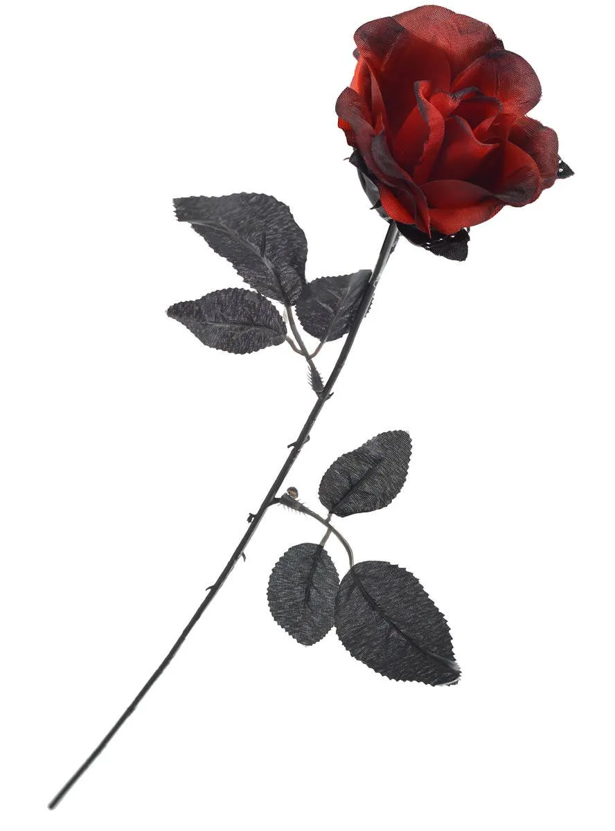 Single Red and Black Rose with Stem Halloween Prop