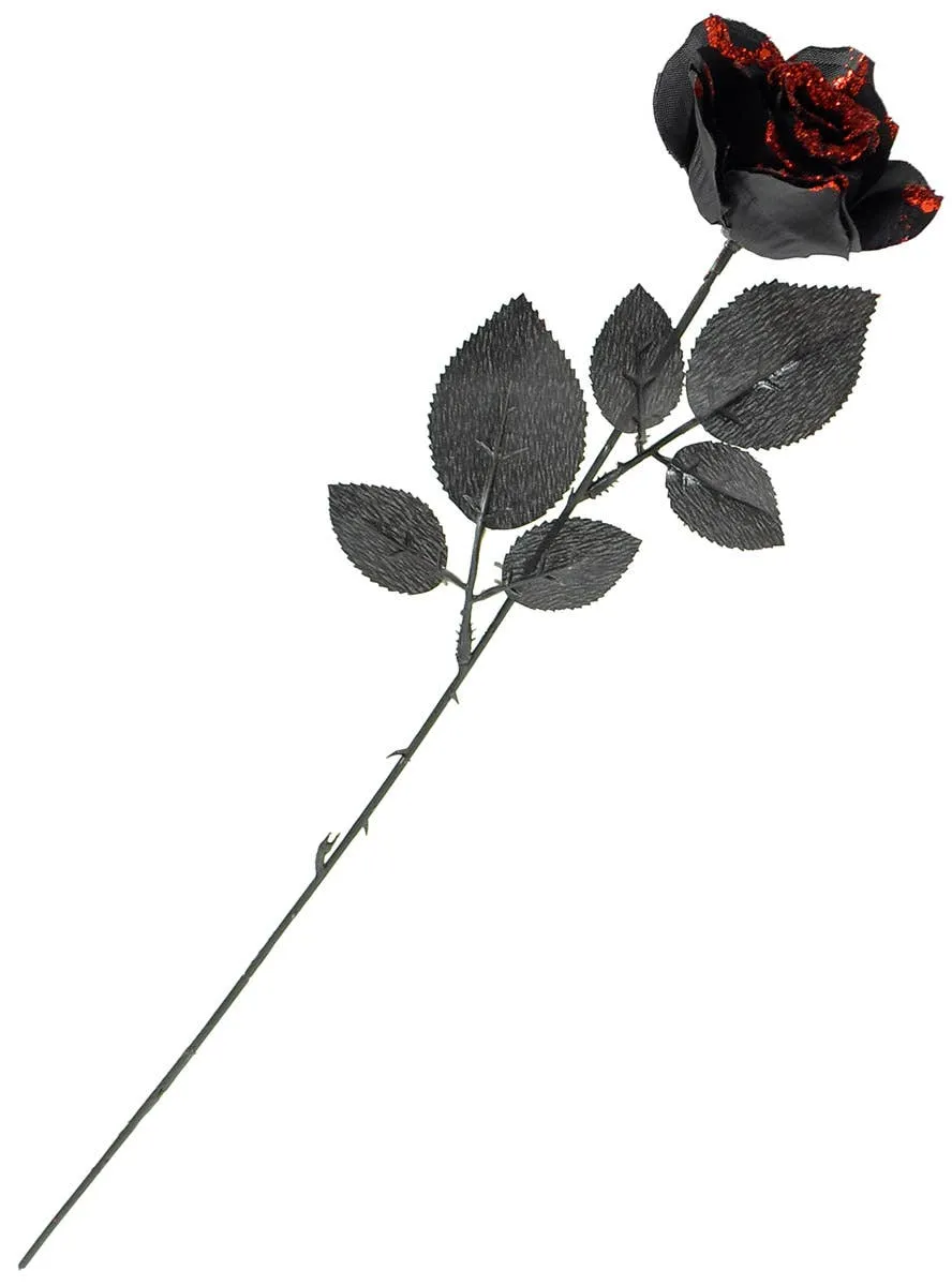 Single Stem Black Fabric Rose with Red Glitter