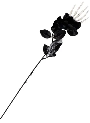Single Stem Black Rose with Skeleton Hand Halloween Accessory