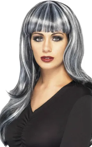 Sinister Siren Long Black and Grey Streaked Wig