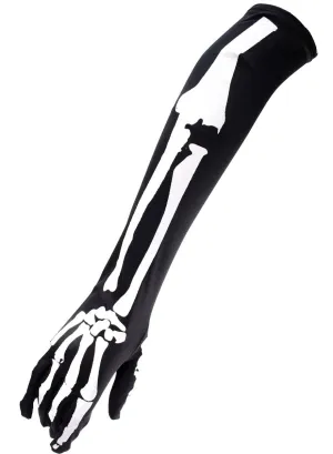 Skeleton Arm Printed Long Black Costume Gloves