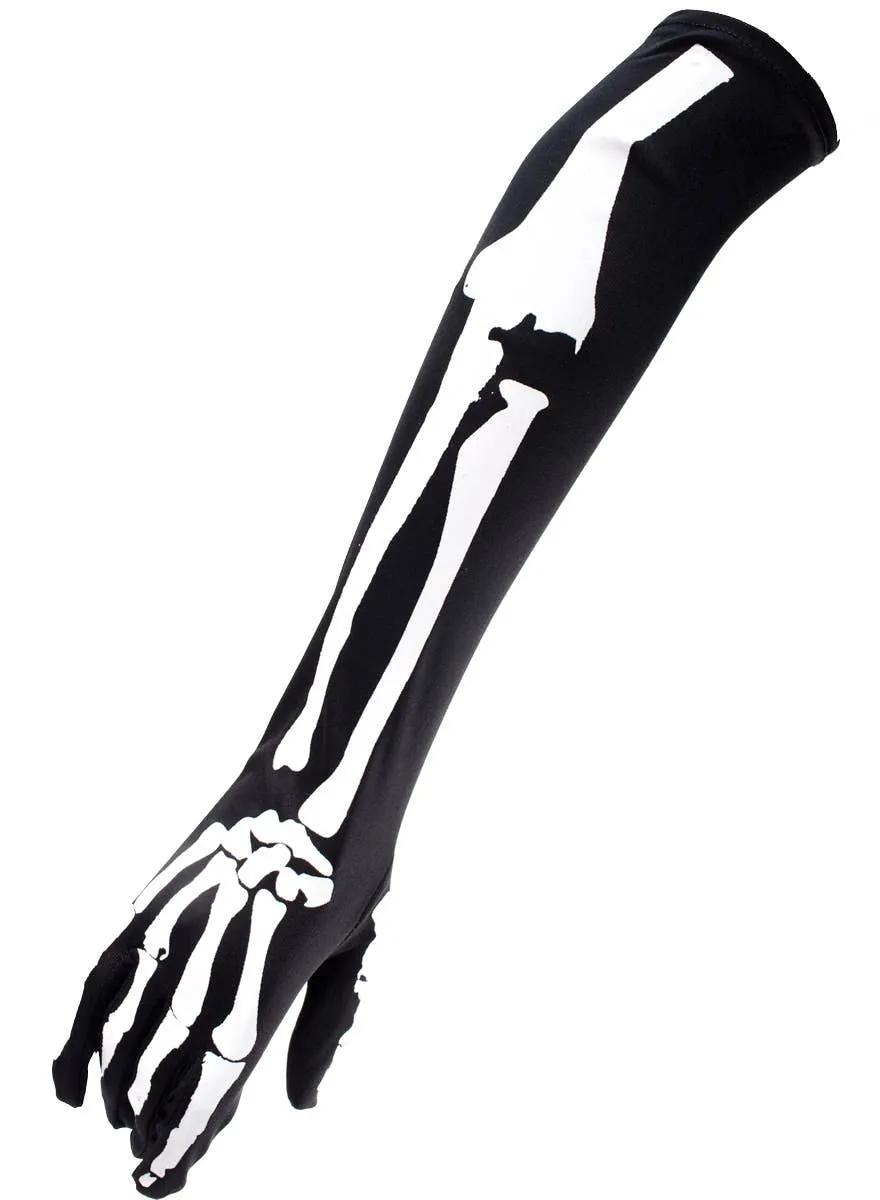 Skeleton Arm Printed Long Black Costume Gloves