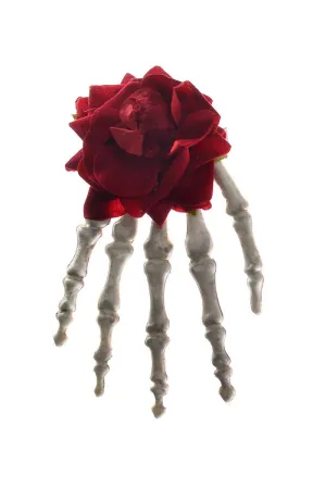 Skeleton Hand Hair Clip with Red Rose