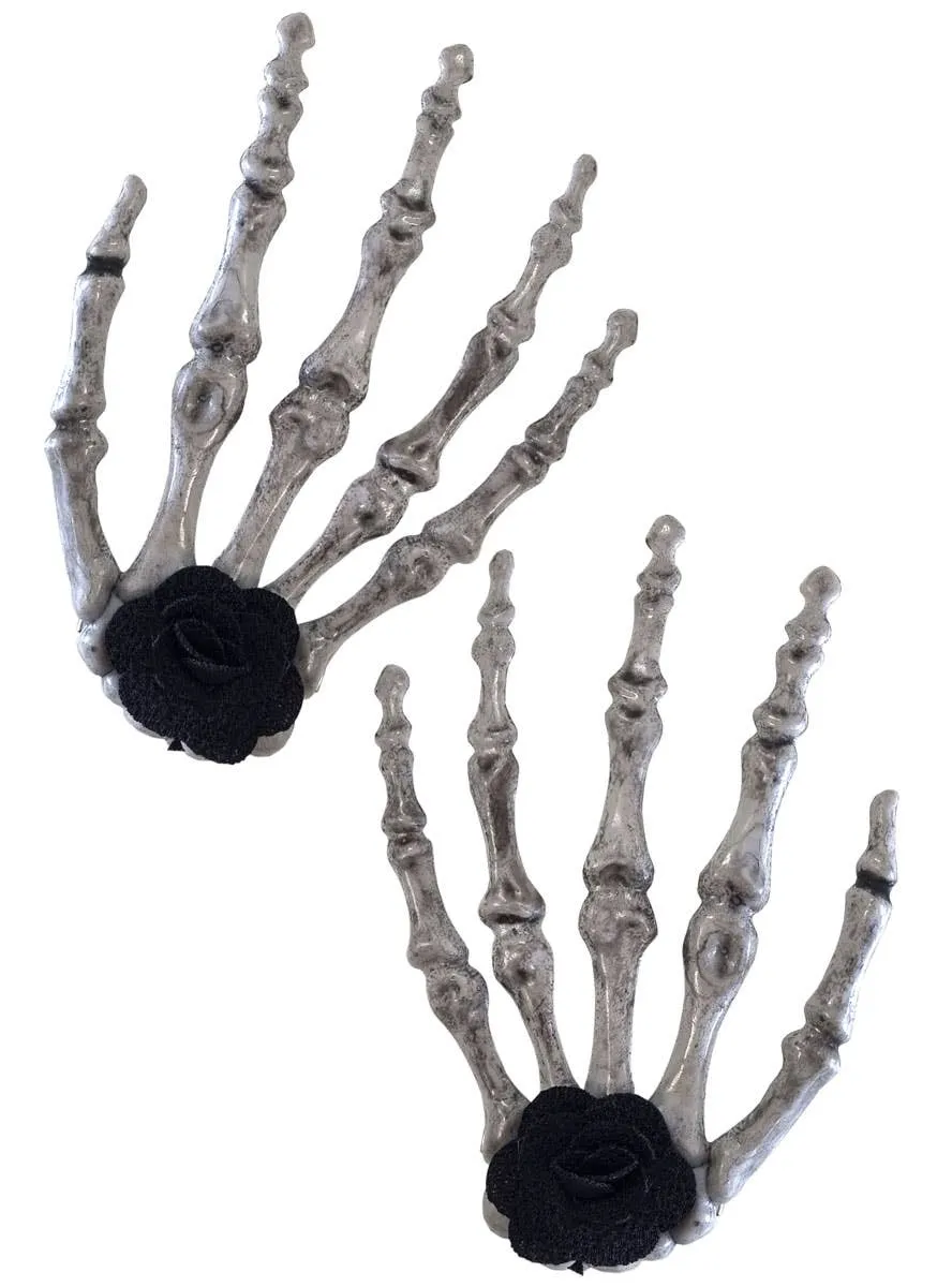 Skeleton Hand Hair Clips with Black Roses