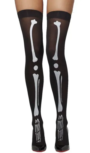 Skeleton Opaque Black Thigh High Halloween Stockings