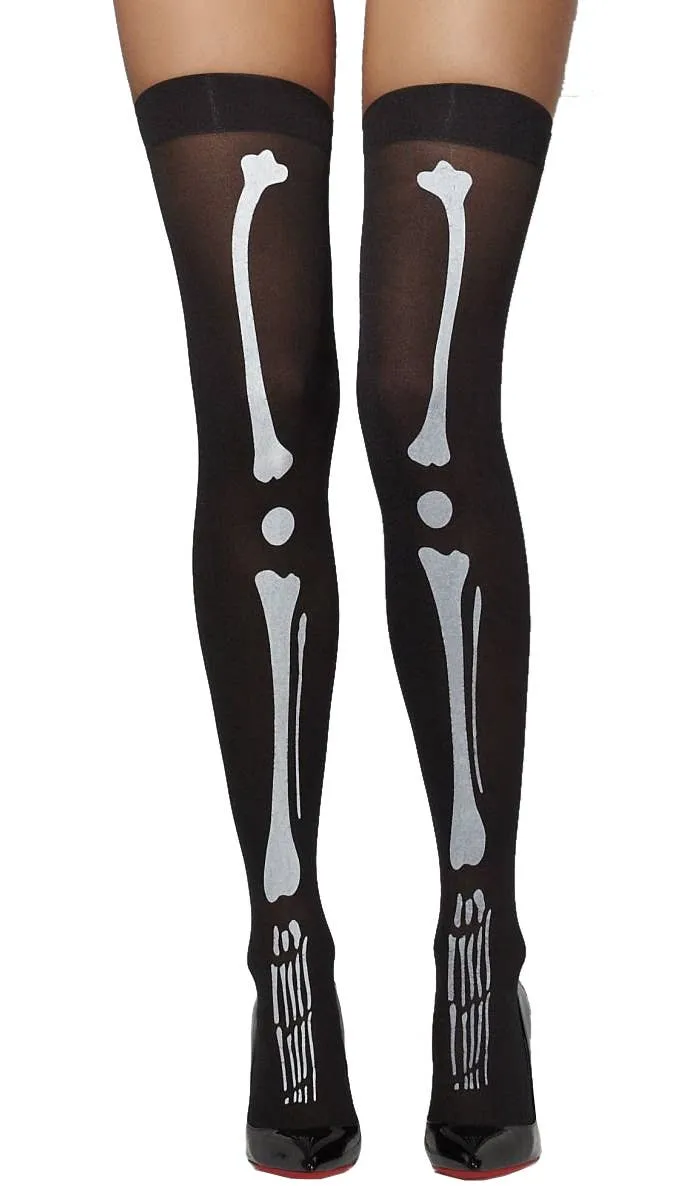 Skeleton Opaque Black Thigh High Halloween Stockings