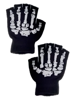 Skeleton Print Womens Halloween Fingerless Gloves