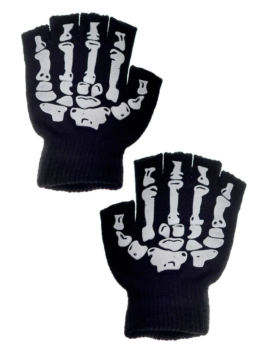 Skeleton Print Womens Halloween Fingerless Gloves