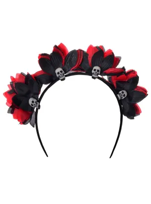 Skulls and Red and Black Flowers Day of the Dead Headband