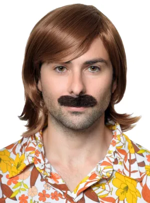 Sleazy 70s Dude Mens Brown Costume Wig with Moustache