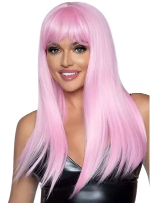 Sleek Light Pink Womens Long Straight Costume Wig with Fringe