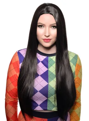 Sleek Long Straight Near Black Womens Costume Wig with Skin Part