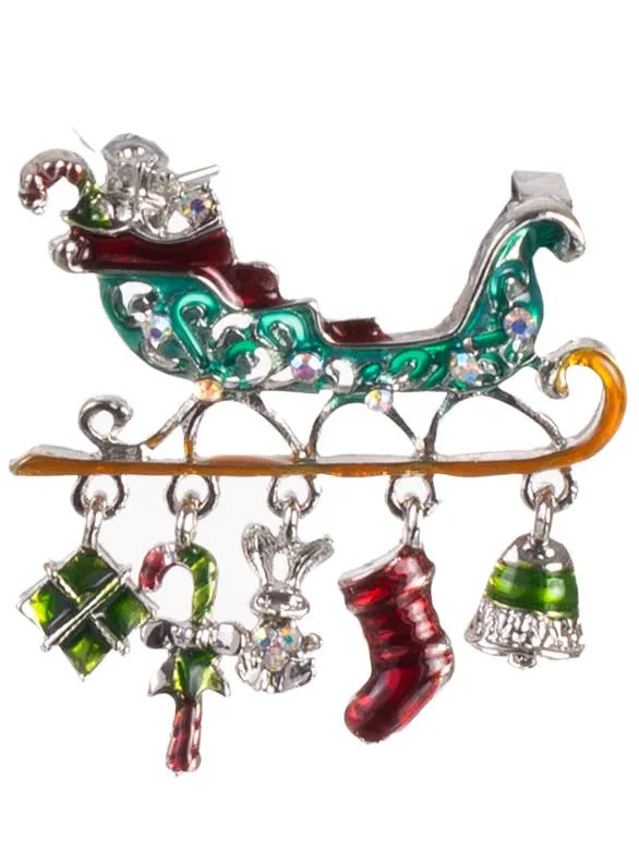 Sleigh with Christmas Icons Jewelled Enamel Christmas Brooch