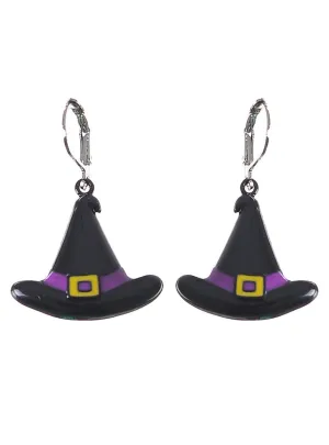 Small Black and Purple Witch Hat Halloween Earrings
