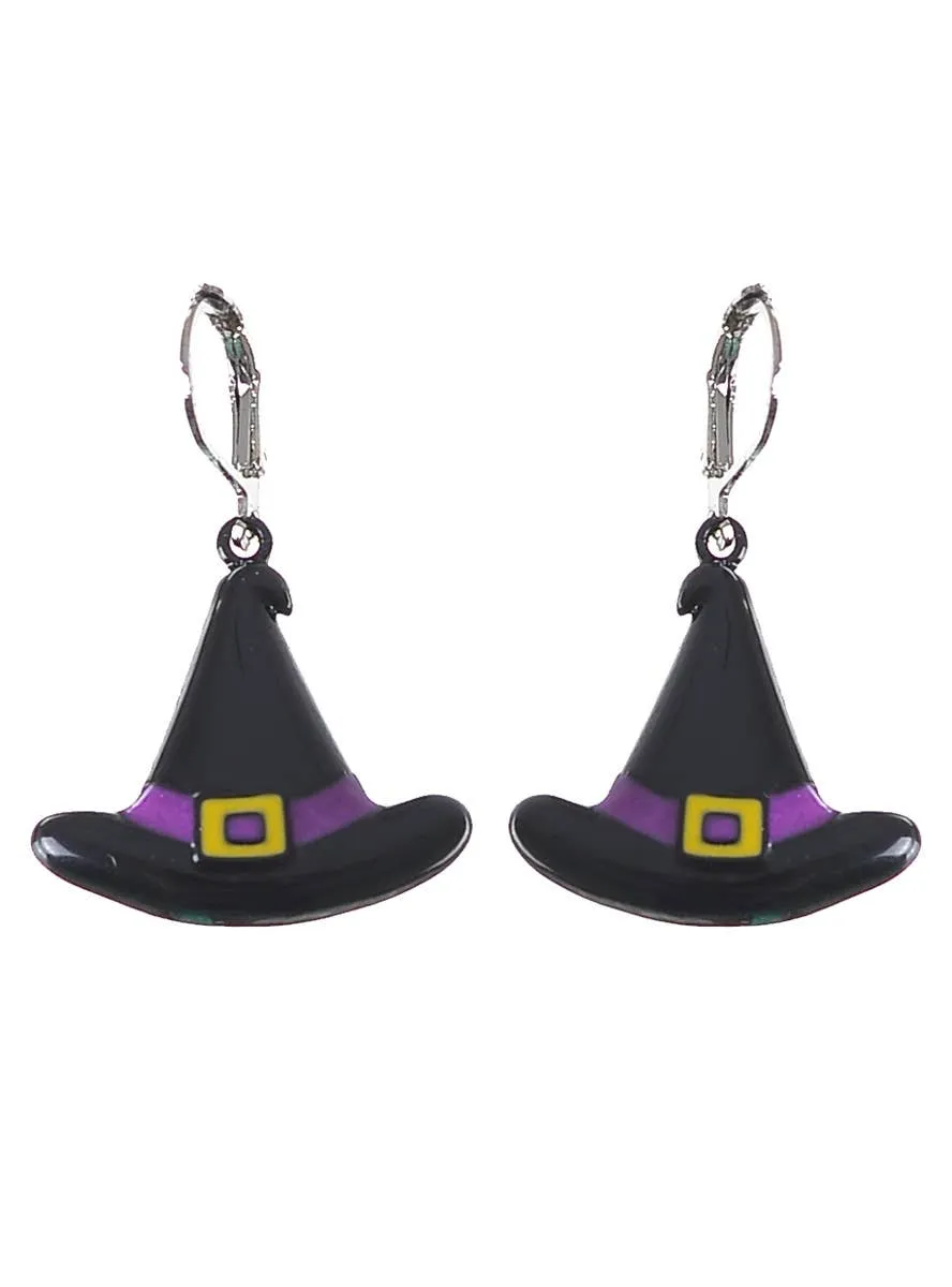 Small Black and Purple Witch Hat Halloween Earrings
