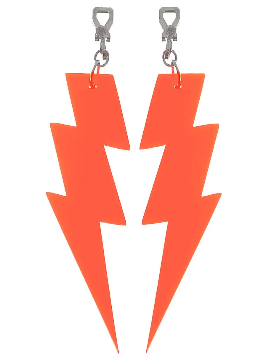 Small Neon Orange Lightning Bolt 80s Costume Earrings