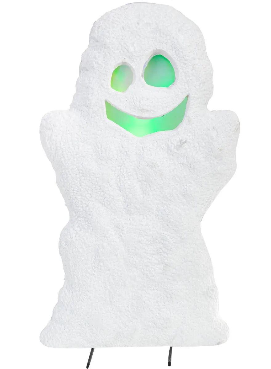 Smiling White Ghost Gravestone with Light Up Face Halloween Decoration