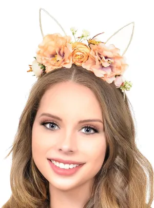 Soft Pastel Orange Floral Headpiece with Wire Bunny Ears
