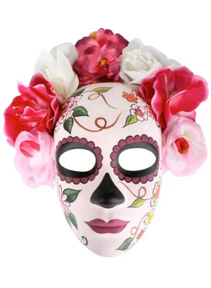 Soft Pink Full Face Sugar Skull Masquerade Mask with Flowers