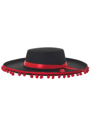 Spanish Matador Black Costume Hat with Red Pom Poms