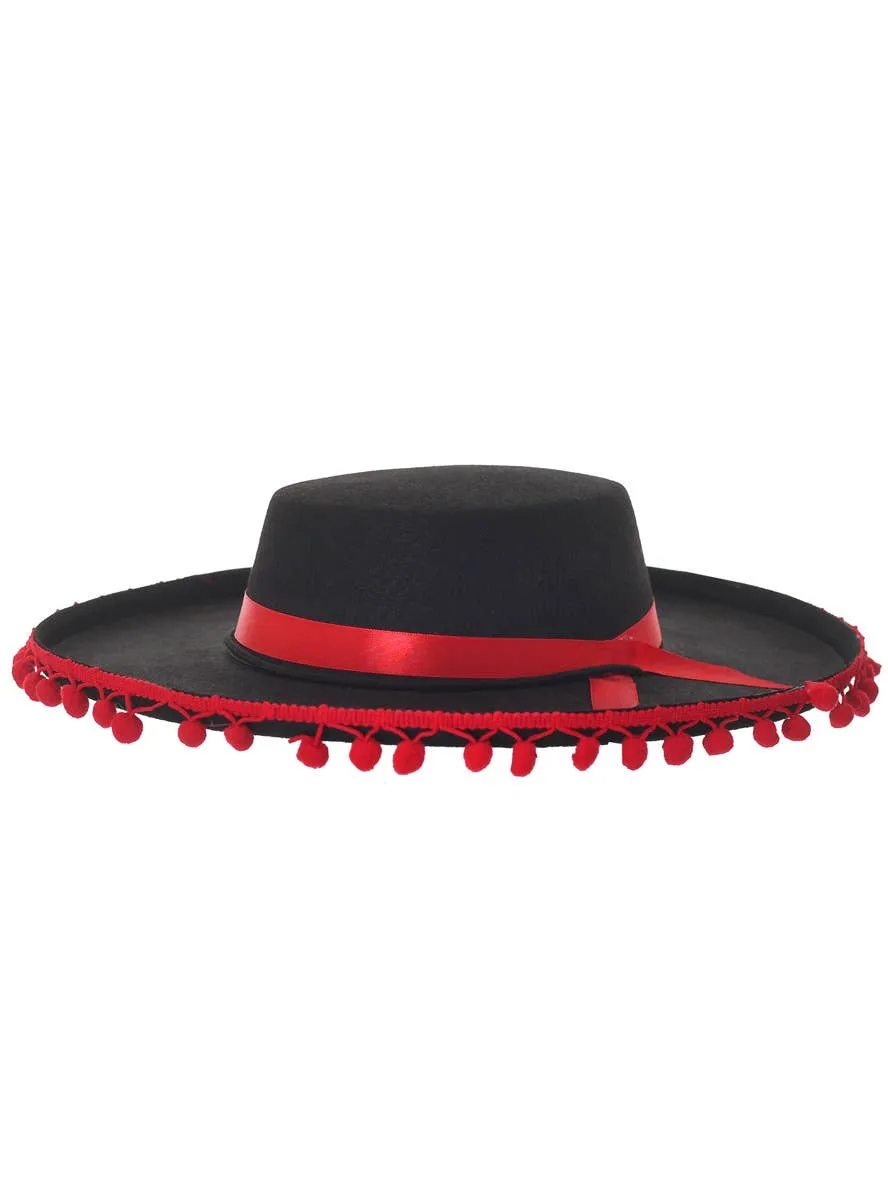 Spanish Matador Black Costume Hat with Red Pom Poms