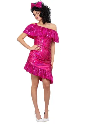 Sparkle Pink Metallic 80s Womens Prom Dress Costume