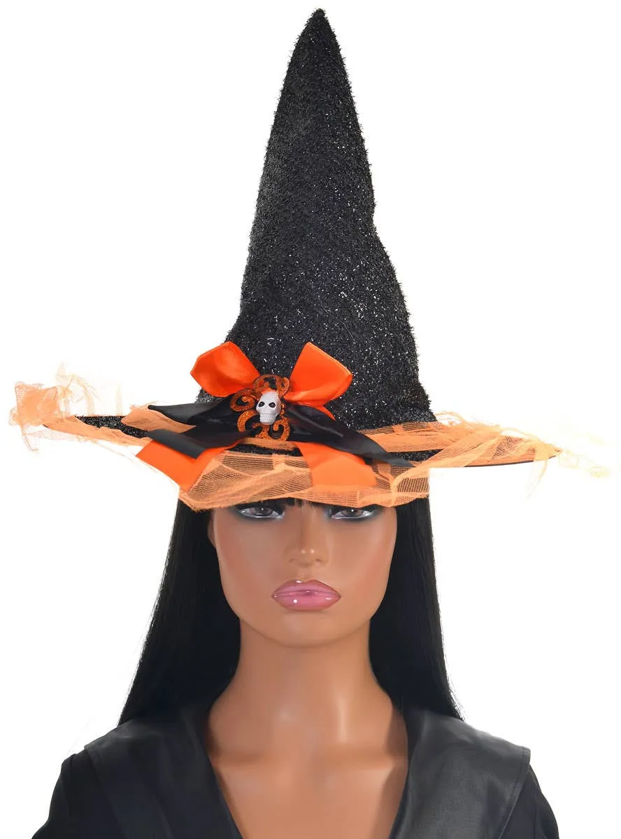 Sparkly Black and Orange Witch Hat with Bow