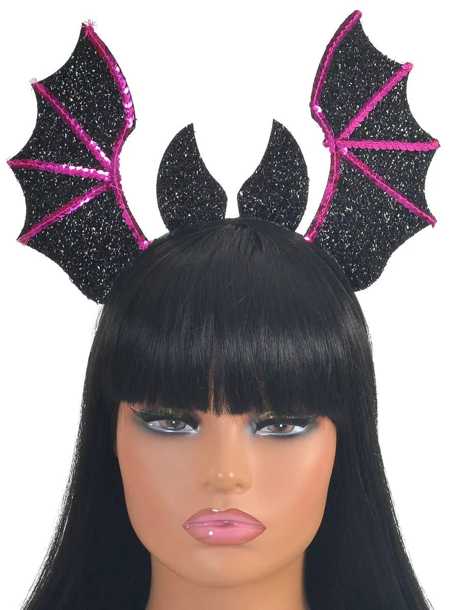 Sparkly Black and Pink Sequin Bat Halloween Headband