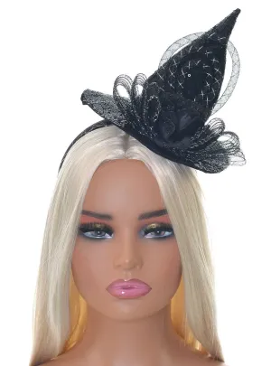 Sparkly Black Mini Witch Hat on Headband Halloween Accessory