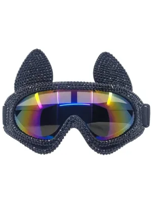 Sparkly Black Rhinestone Cat Goggles with Mirror Lens