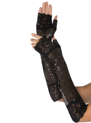 Sparkly Black Sequin and Lace Trim Fingerless Costume Gloves