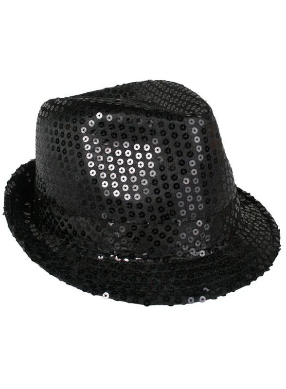 Sparkly Black Sequinned Adults Fedora Hat