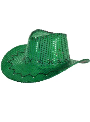 Sparkly Green Sequin Cowboy Festival Hat with Black Trim